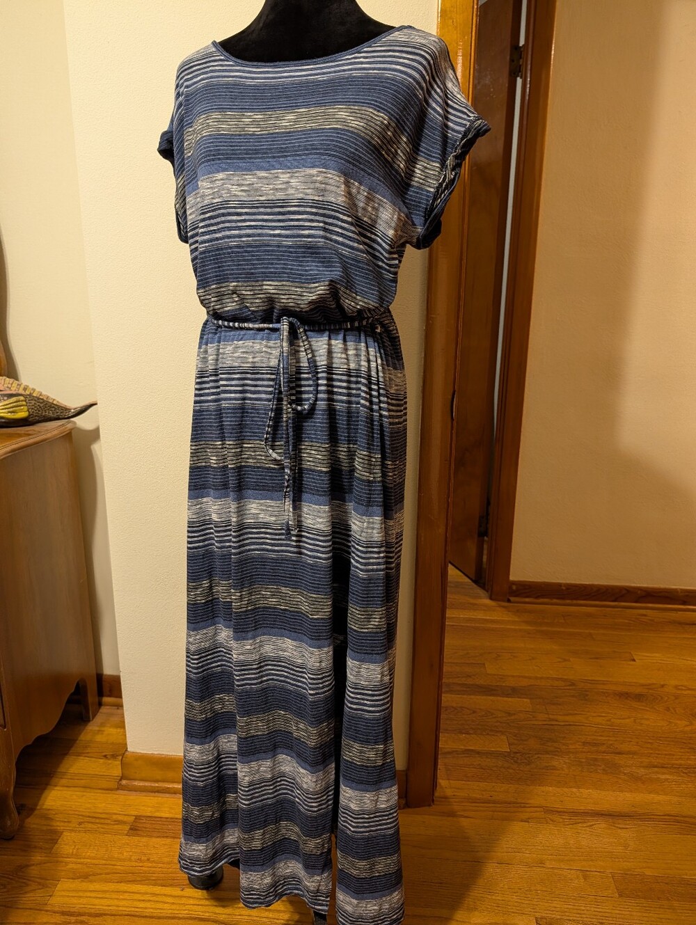 Max Studio Multi Striped Blue Gray Maxi Shirt Dress